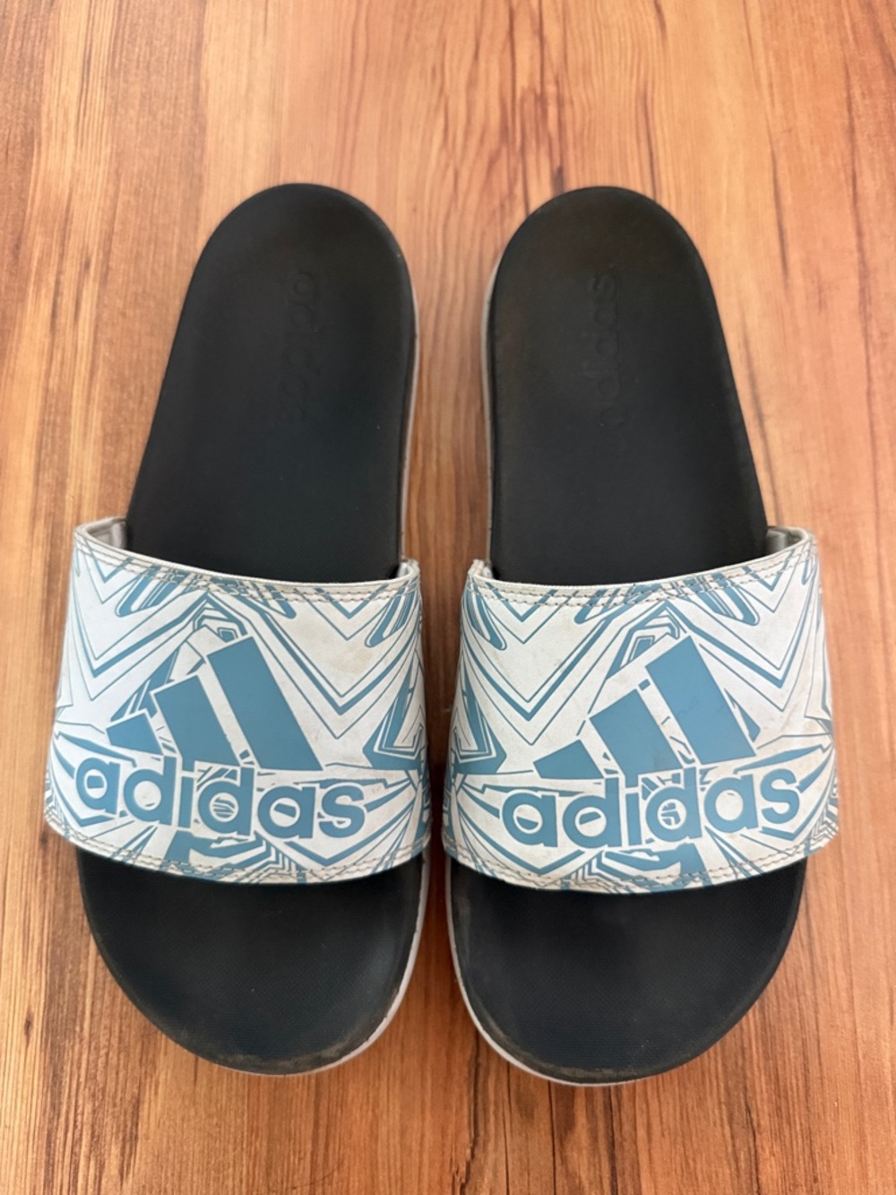 adidas White and Blue Graphic Slide Sandals